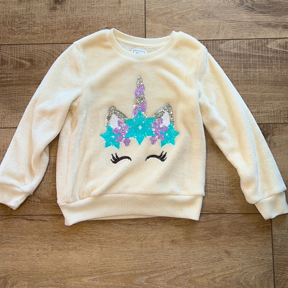 Color Tree Girl’s Cream Fluffy Sweater with Unicorn Sequin Size 10/12
